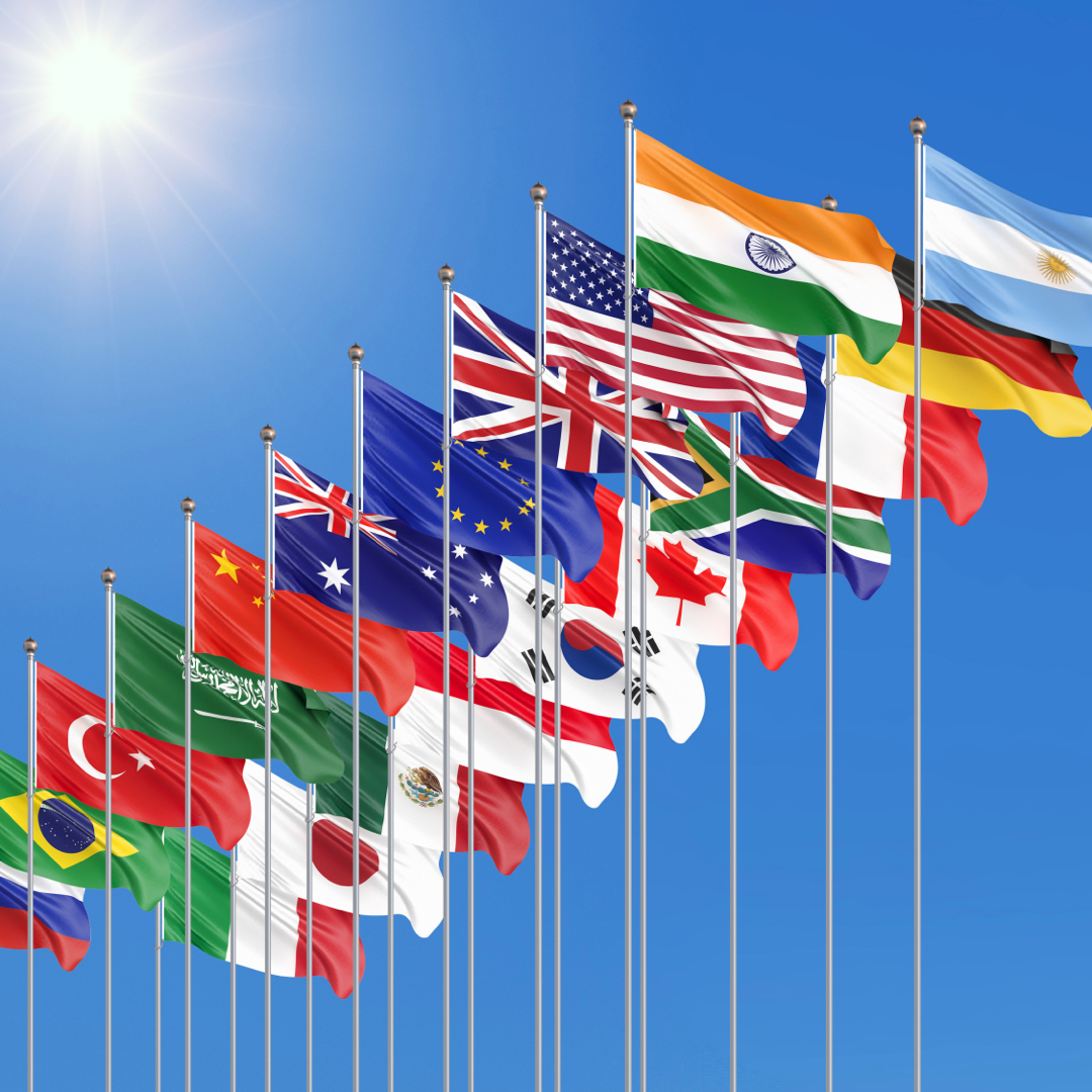 Collection of G20 countries flags.