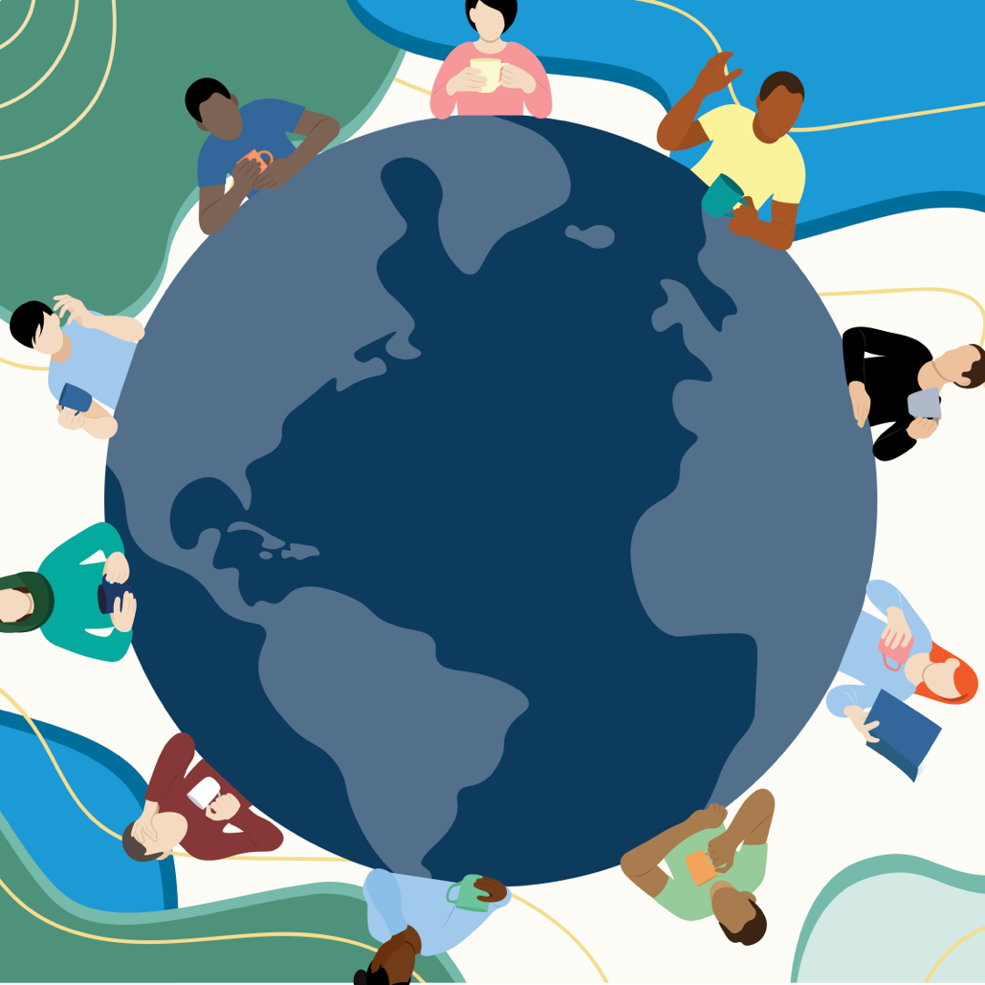 People sitting around a globe