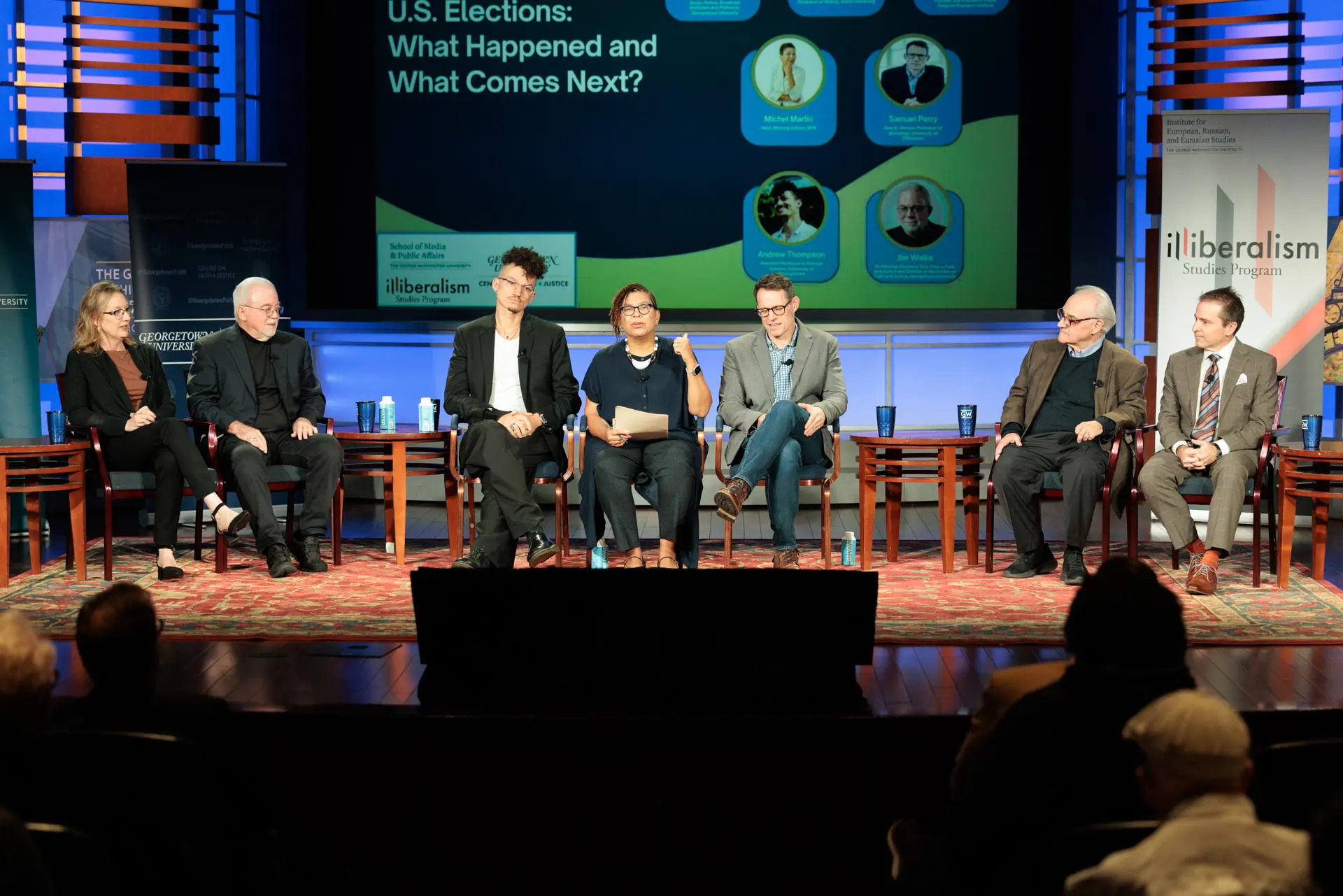The panel from left: Kristin Kobes Du Mez, Jim Wallis, Andrew Thompson, Michel Martin, Samuel Perry, E.J. Dionne, Robert P. Jones.