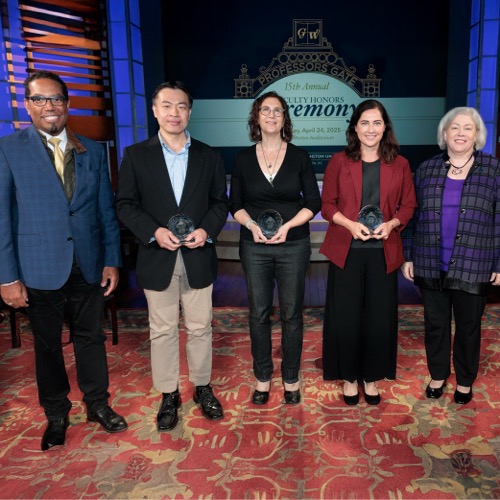(Left to right) Provost Bracey; Trachtenberg Award winners Y. Tony Yang, Ilana Feldman and Stephanie Cellini; and President Granberg.