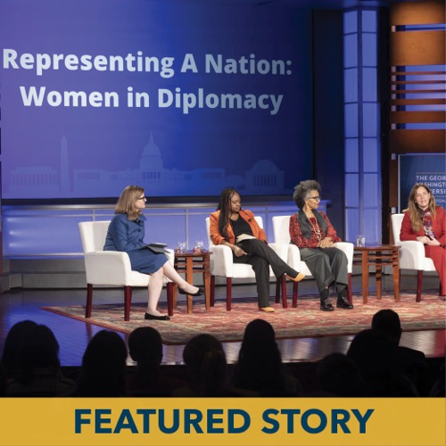 From left: Elliott School Dean Alyssa Ayres, Bonnie Jenkins, Gina Abercrombie-Winstanley, Ruth Bajada and Piper Campbell. (Lily Speredelozzi/GW Today)