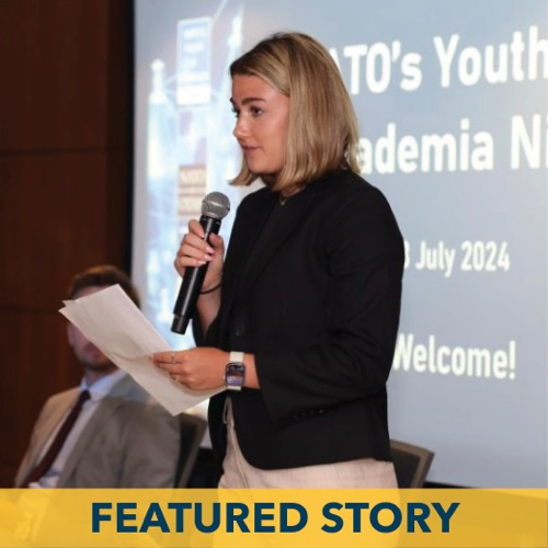 GW junior Eva Mulholland speaking at the Model NATO Summit held at the Elliott School of International Affairs. T