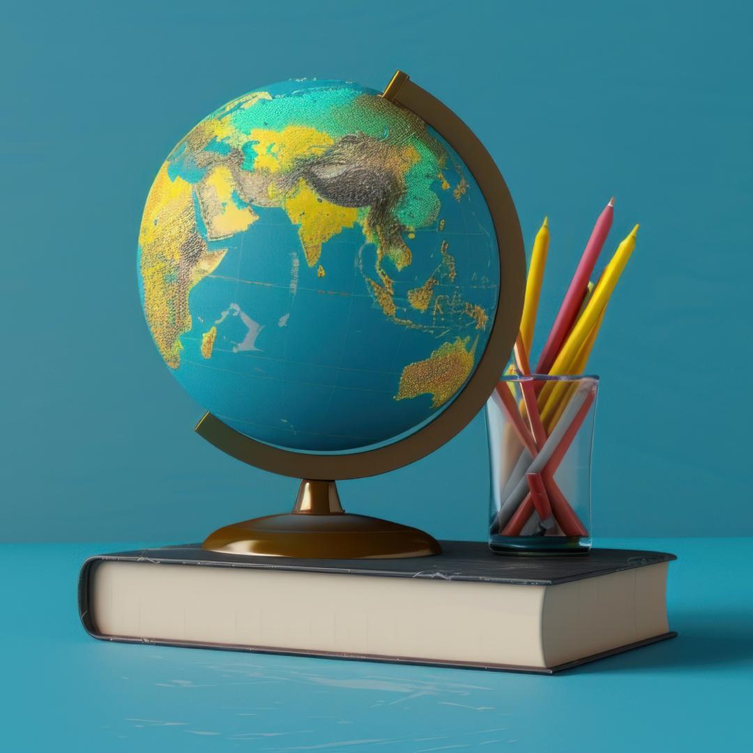 Globe on top of book with an aqua background